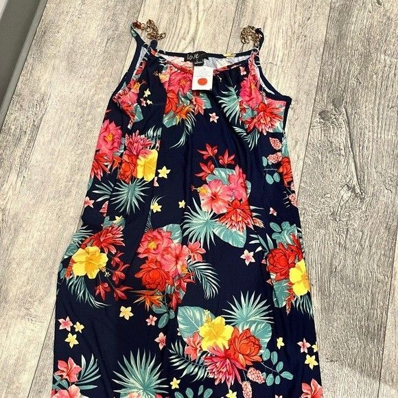 NWT Love Large Floral Navy Dress Gold Chain Straps - Picture 2 of 5